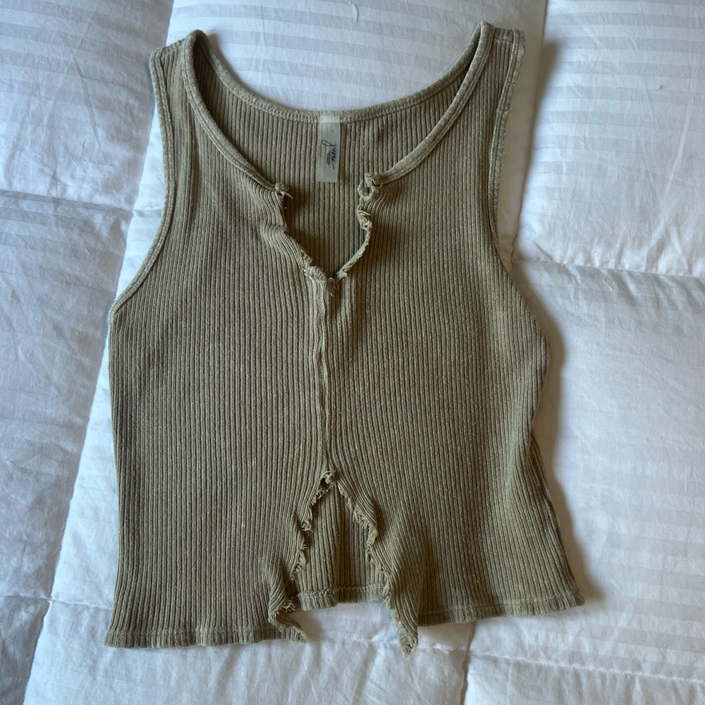 Tan ribbed distressed cut-out tank
